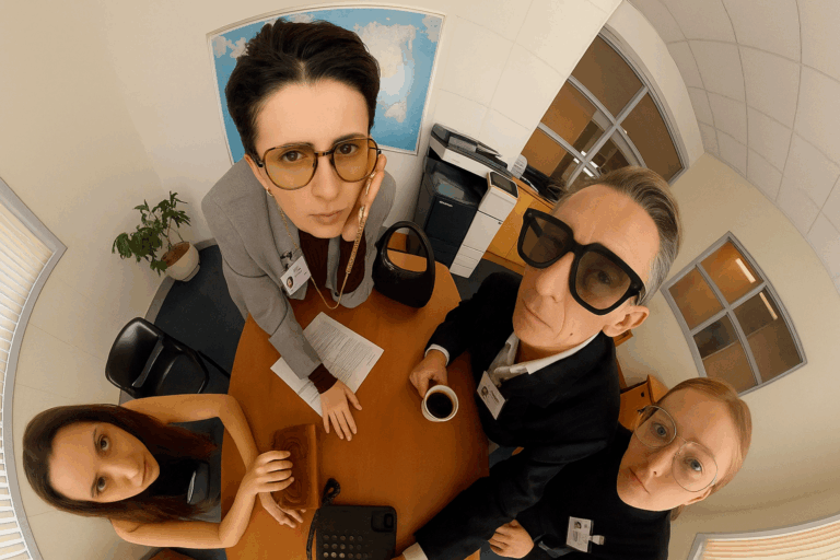 Imagem editorial em lente olho de peixe mostrando quatro profissionais em uma mesa de reunião, com visual dramático e estético — conceito de atendimento criativo da Kult Creative.